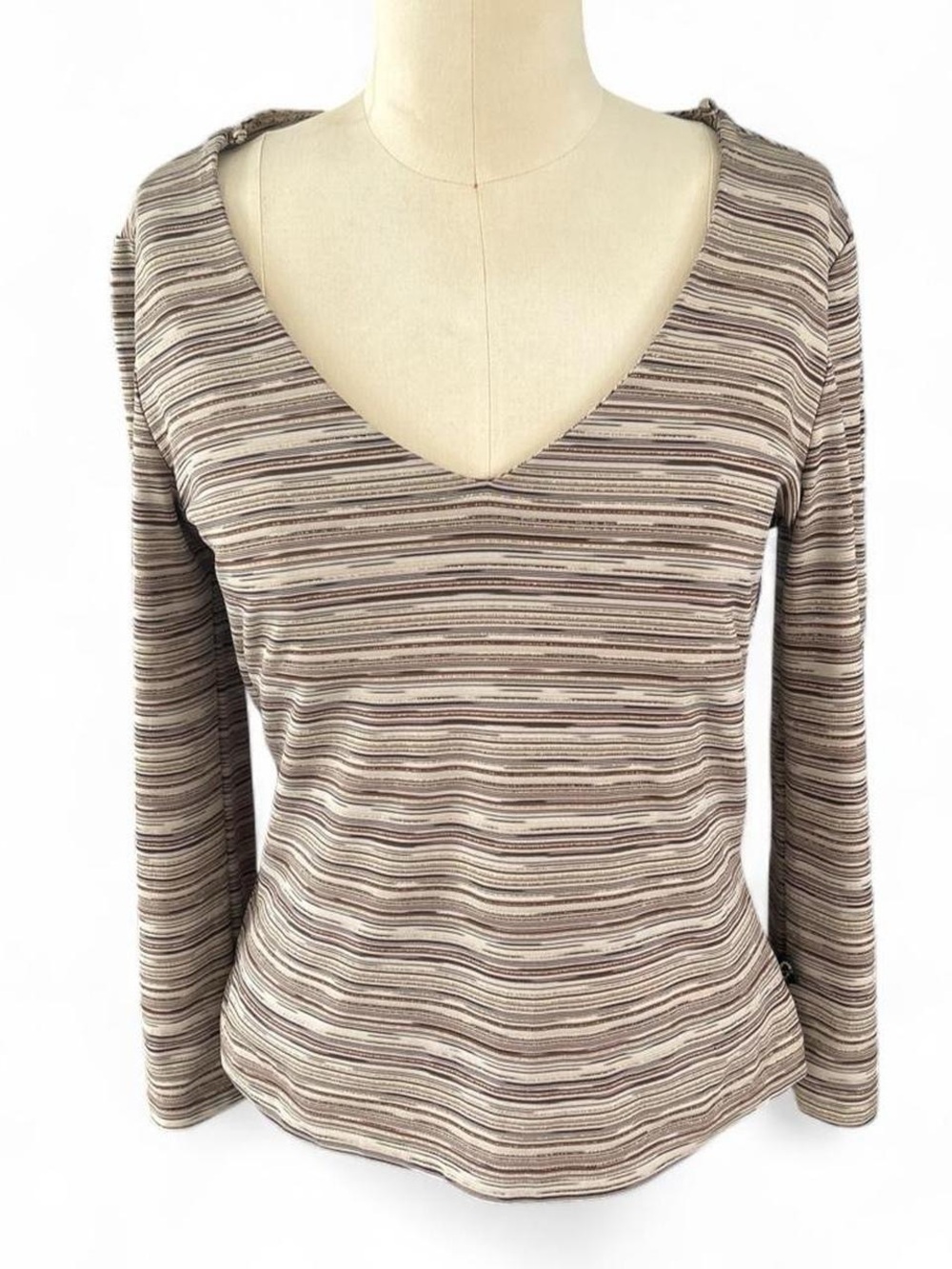 XOXO Vintage Y2K Beige Spacedye Striped V Neck 3/4 Sleeve Top Size Large